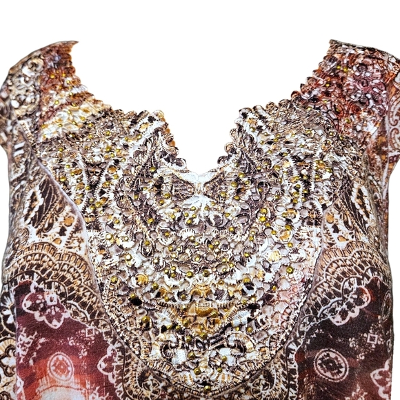 Catherines 3X Sleeveless Embellished Top Boho Baroque Paisley Gold Rhinestone - Picture 4 of 11